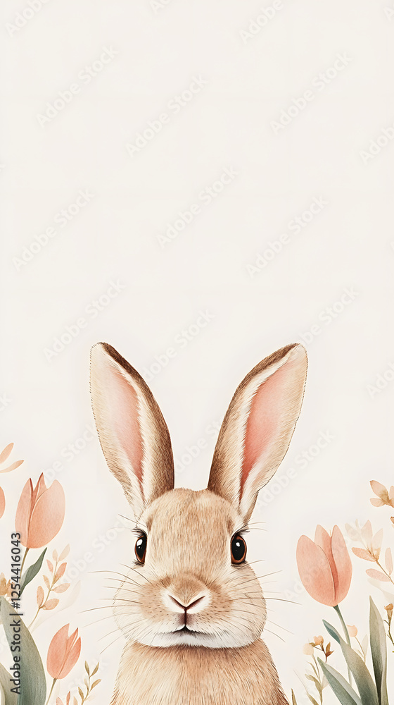 Cute rabbit peeking over border of hand drawn tulips, surrounded by soft colors and floral elements, creating charming and whimsical scene Cute rabbit peeking over border of hand drawn tulips, surrounded by soft colors and floral elements, creating charming and whimsical scene