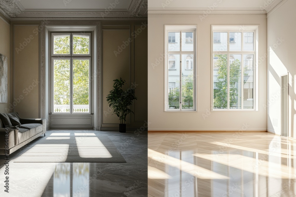 Obraz premium Split view showcasing the transformation from dark, vintage room to bright, modern interior renovation. Generative AI