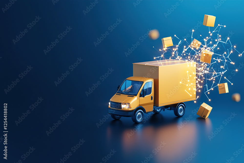 Fototapeta premium yellow delivery truck with digital network connections and packages symbolizes AI powered logistics