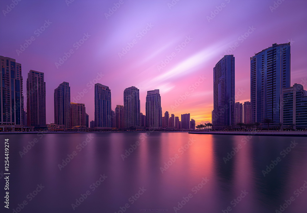 Fototapeta premium Urban twilight tapestry, A captivating panorama of illuminated skyscrapers reflecting in serene waters under a magenta and rose-tinged sky
