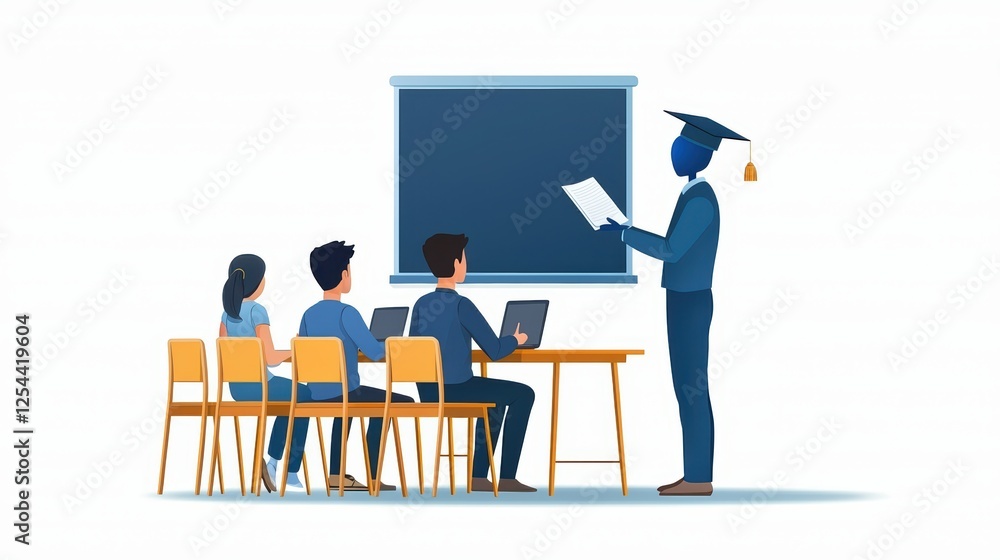 Man in graduation cap delivers inspiring lecture to attentive students in university setting Man in graduation cap delivers inspiring lecture to attentive students in university setting