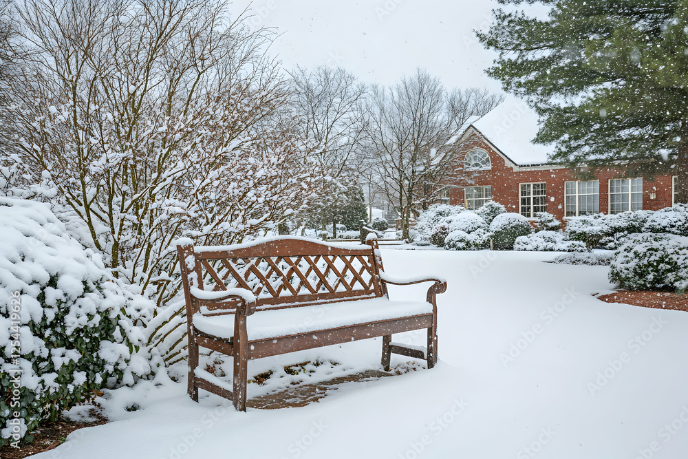 Winter's Embrace, A Serene Snow-Covered Bench Scene in a Quaint Suburban Neighborhood during a Gentle Snowfall creating a peaceful atmosphere Winter's Embrace, A Serene Snow-Covered Bench Scene in a Quaint Suburban Neighborhood during a Gentle Snowfall creating a peaceful atmosphere
