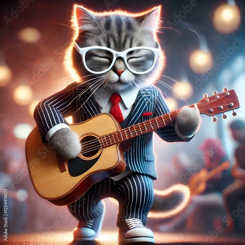 illustration of a cute cat dressed neatly playing guitar. ai-generated image.