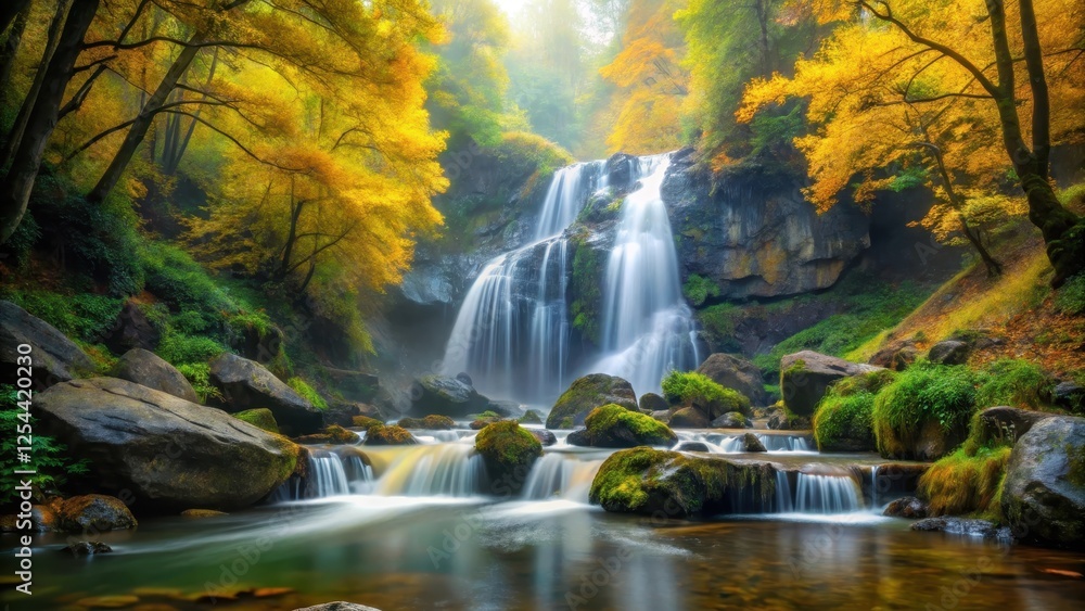 Obraz premium Serene waterfall surrounded by lush yellow and green trees and rocks in a misty atmosphere, nature's beauty, forest landscape
