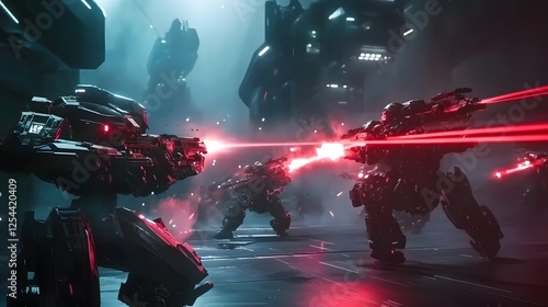 A thrilling sci-fi battle scene featuring futuristic soldiers and massive mechs engaged in intense combat, shooting lasers at each other in a high-tech environment photo