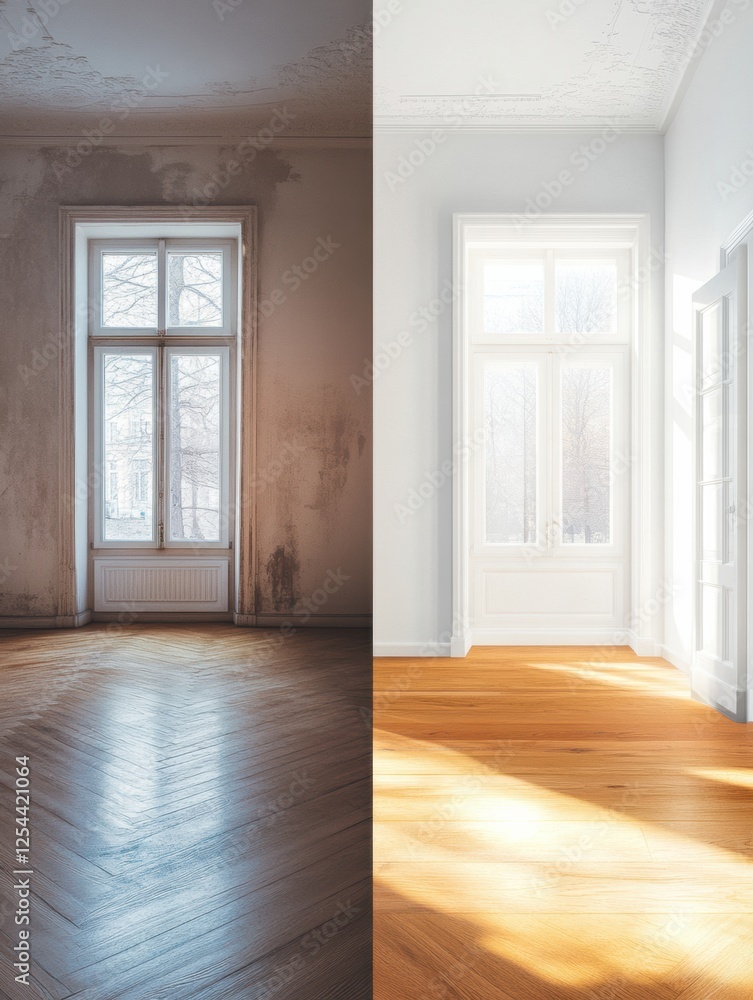 Fototapeta premium Contrast of old dark interiors and bright modern renovations in one room setting. Generative AI