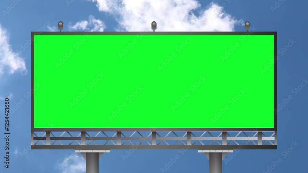 Empty billboard with chroma key green screen, on blue sky with clouds, advertisement concept, screen, green background Empty billboard with chroma key green screen, on blue sky with clouds, advertisement concept, screen, green background