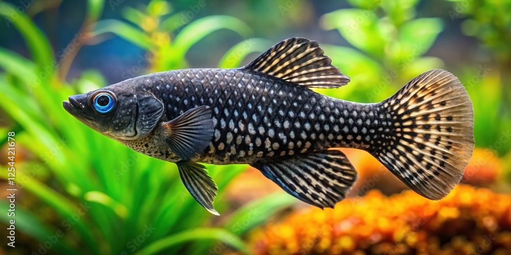 Black Molly fish in a vibrant underwater aquarium scene. High-resolution, realistic 3D render. Black Molly fish in a vibrant underwater aquarium scene. High-resolution, realistic 3D render.