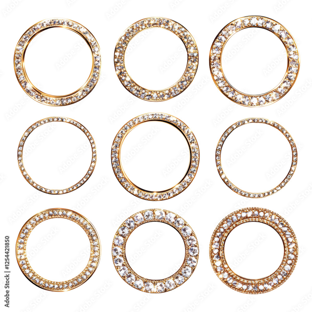 Set of gold round frames with diamonds isolated on transparent or white background. Set of gold round frames with diamonds isolated on transparent or white background.