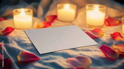 A blank white card on a soft bed surrounded by delicate rose petals and warm candlelight, creating the perfect romantic atmosphere for sending a heartfelt message. The soft, glowing lighting enhances  photo