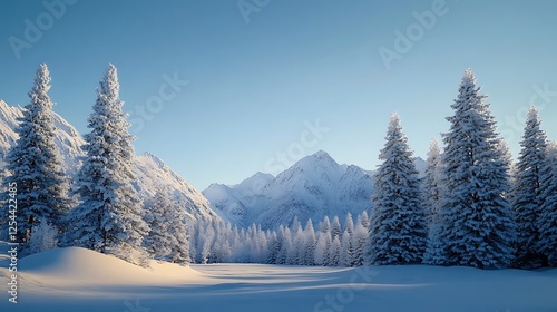 Wallpaper Mural Snow covered pines stand tall against a majestic winter mountain range Torontodigital.ca