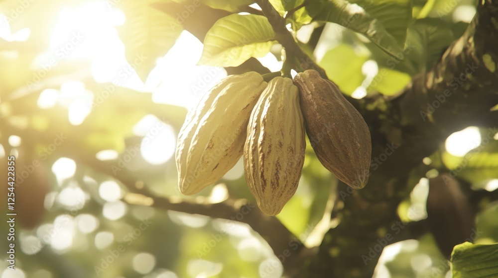 Ripe cacao pods hang from branches under sunlight, highlighting the beauty of tropical agriculture Ripe cacao pods hang from branches under sunlight, highlighting the beauty of tropical agriculture