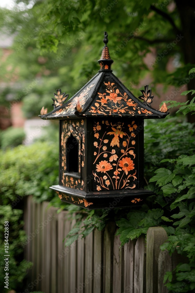 Ornate garden birdhouse adorned with floral designs, nestled among lush greenery in a tranquil setting Ornate garden birdhouse adorned with floral designs, nestled among lush greenery in a tranquil setting