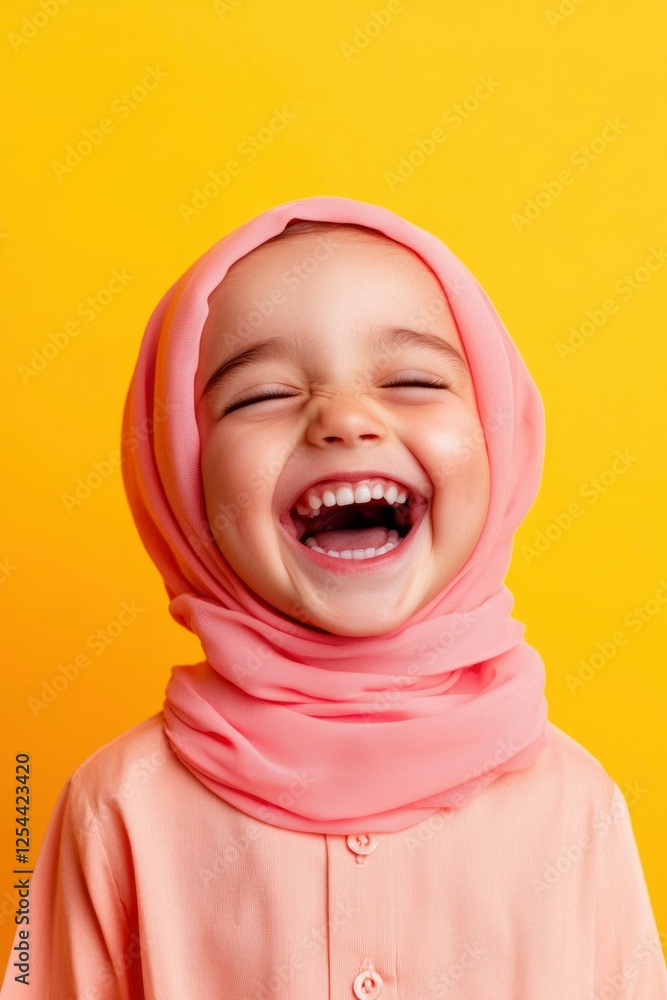 Joyful young girl in a pink hijab laughing against a vibrant yellow background, showcasing happiness Joyful young girl in a pink hijab laughing against a vibrant yellow background, showcasing happiness