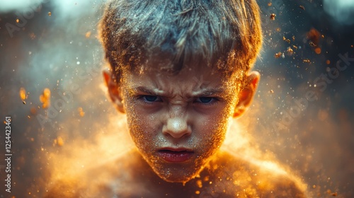 Fiery Child Portrait: A dramatic close-up portrait of an angry young boy, his face dusted with fiery particles, conveying intense emotion and inner turmoil.  The image is powerful and evocative.