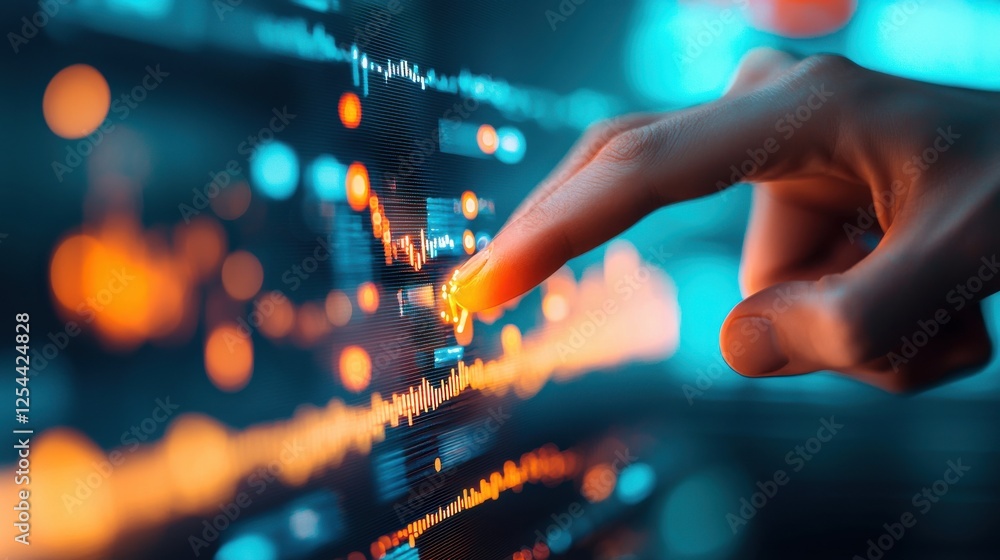Futuristic hand interacting with digital data on a screen. Futuristic hand interacting with digital data on a screen.