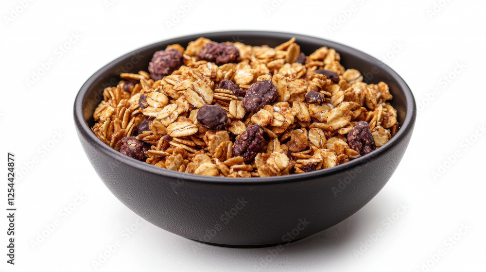 Granola in black bowl, featuring oats, nuts, and dried fruits, perfect for healthy snack or breakfast option. Enjoy crunchy texture and rich flavors Granola in black bowl, featuring oats, nuts, and dried fruits, perfect for healthy snack or breakfast option. Enjoy crunchy texture and rich flavors
