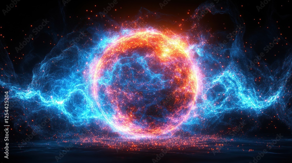 Glowing energy sphere with blue and orange plasma, sparks, and particles. Glowing energy sphere with blue and orange plasma, sparks, and particles.