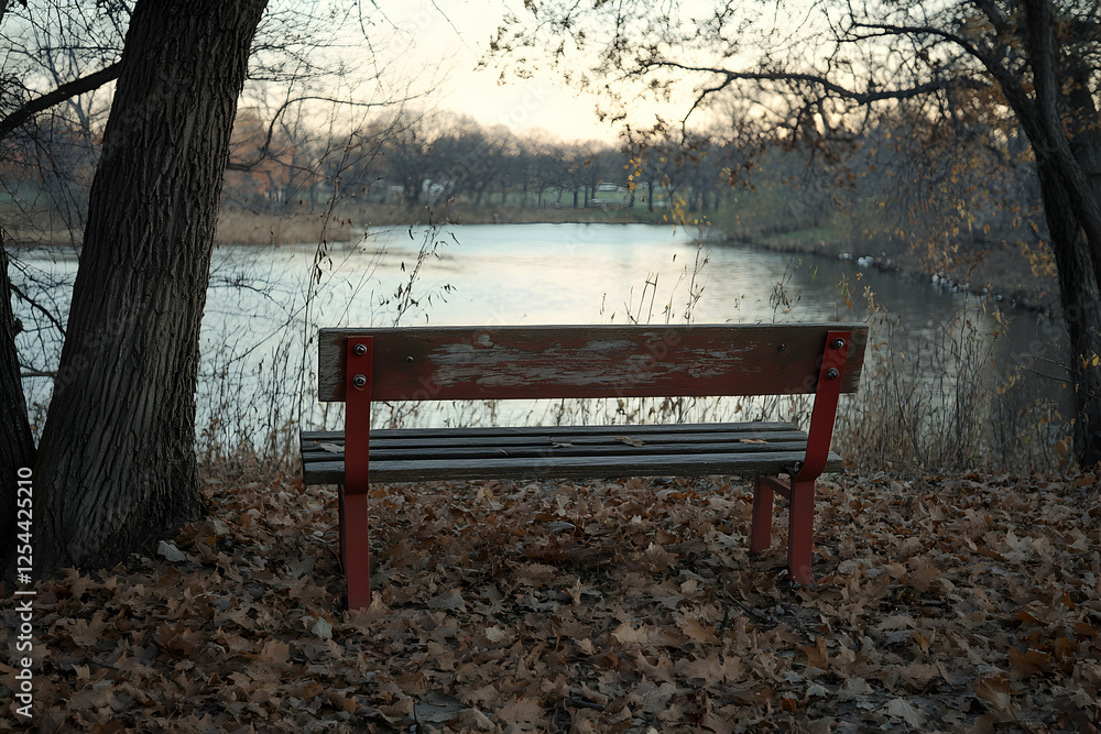 Solitary bench nestled lakeside amidst autumnal foliage, creating a serene and reflective scene during the quiet transition of seasons Solitary bench nestled lakeside amidst autumnal foliage, creating a serene and reflective scene during the quiet transition of seasons
