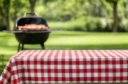 Backyard barbecue scene featuring a red and white checkered tablecloth with a grill in the soft focus background symbolizing outdoor summer dining
