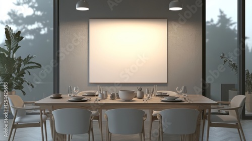 Realistic 3D render of a dining room with a blank poster, soft lighting, and minimalistic design, ideal for home decor ads with space for text.