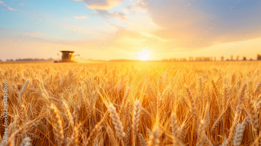 Obraz premium Golden Harvest Sunset: A breathtaking view of a vast wheat field at sunset, with a combine harvester silhouetted against the vibrant sky, showcasing the beauty and abundance of the harvest season. 