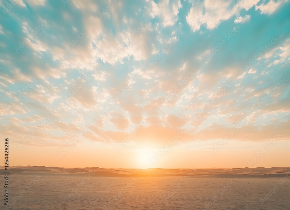 Serene desert landscape with a radiant sunrise, soft pastel colors blending across sand dunes and a cloud-strewn sky, creating a peaceful vista Serene desert landscape with a radiant sunrise, soft pastel colors blending across sand dunes and a cloud-strewn sky, creating a peaceful vista