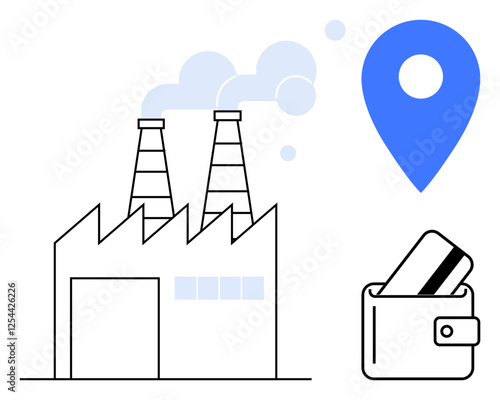 Factory with two smokestacks emitting steam, blue location pin, and wallet with credit card. Ideal for industrial commerce, business transactions, production, logistics, e-commerce, finance location