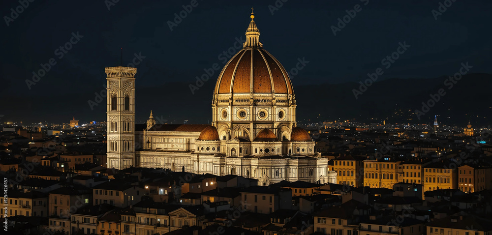 Fototapeta premium Create an image of the Florence Cathedral at night, with its iconic dome and facade glowing against the dark sky.