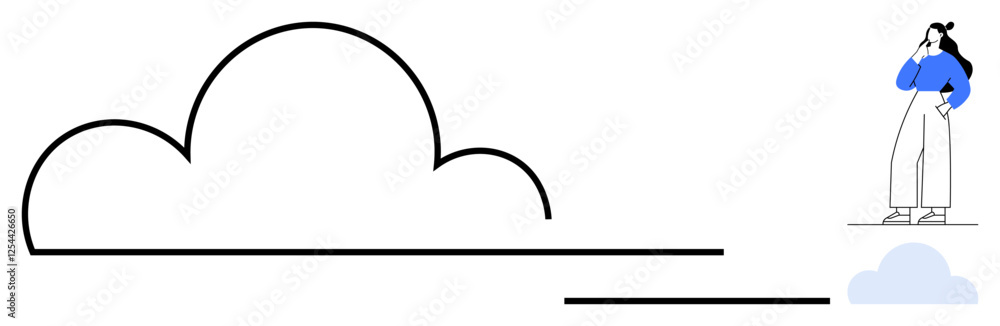A woman standing, contemplating a large cloud outline with a connection line. Ideal for technology, communication, cloud computing, data storage, future thinking, innovation, abstract line flat A woman standing, contemplating a large cloud outline with a connection line. Ideal for technology, communication, cloud computing, data storage, future thinking, innovation, abstract line flat