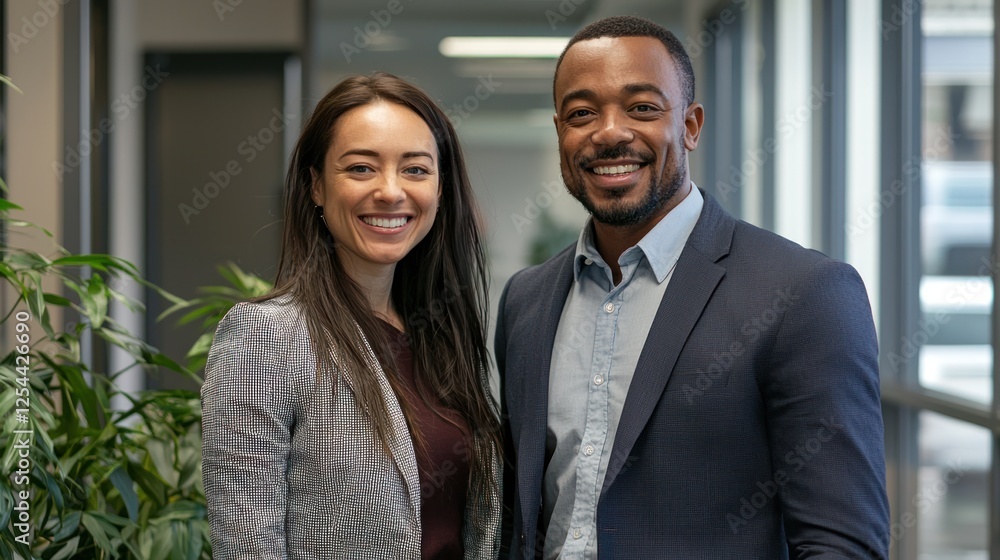 Two smiling partners standing together in a professional setting Two smiling partners standing together in a professional setting