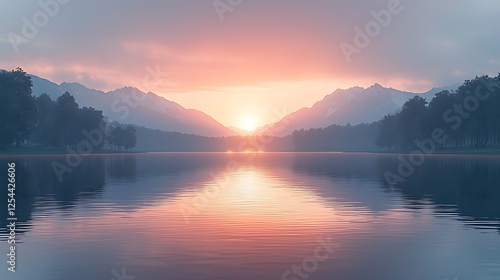 Wallpaper Mural Lake sunrise with foggy mountains reflecting in water, scenic landscape backdrop. Torontodigital.ca