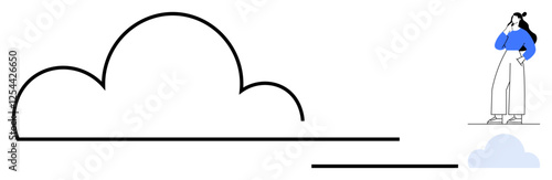 A woman standing, contemplating a large cloud outline with a connection line. Ideal for technology, communication, cloud computing, data storage, future thinking, innovation, abstract line flat