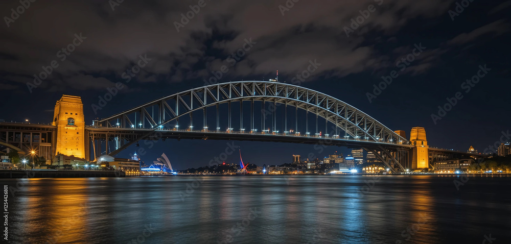 Fototapeta premium Create an image of Sydney Harbour Bridge at night, with the bridge illuminated and its reflection shimmering in the harbor waters.