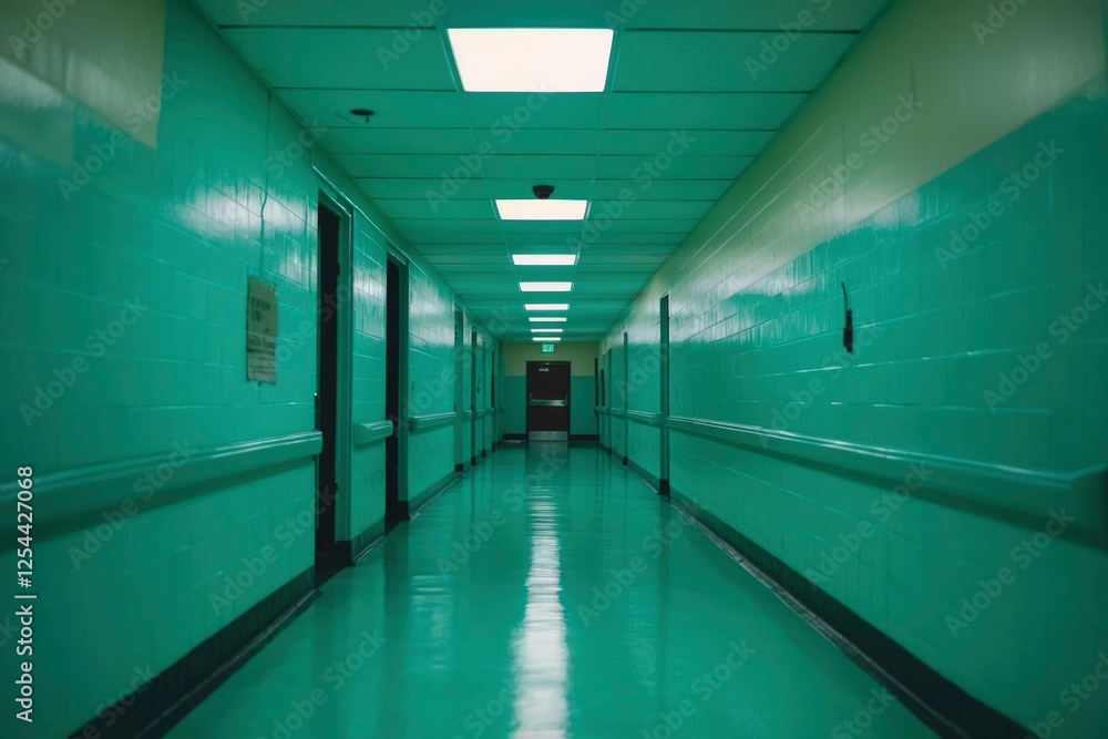 Obraz premium Long, empty hospital corridor with green walls and bright fluorescent lights illuminating the space