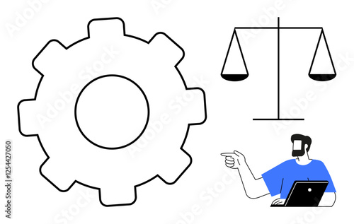 Gear representing productivity, scales signifying justice, and a person at a laptop pointing. Ideal for business, technology, productivity, justice, balance, decision making workplace integrity