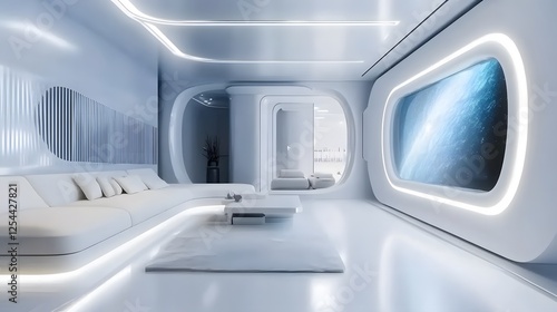 A futuristic living room with sleek white furniture, glowing LED lights, and holographic projections on the walls. Modern technology, including smart home systems and virtual reality devices