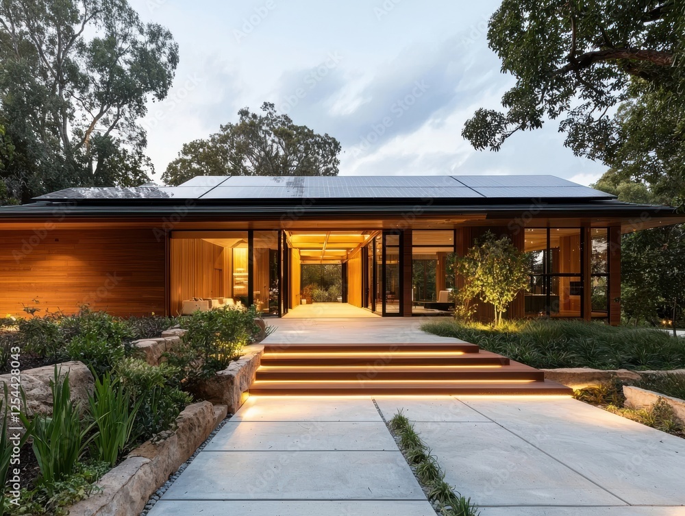 Fototapeta premium Modern house design featuring large windows and natural surroundings.