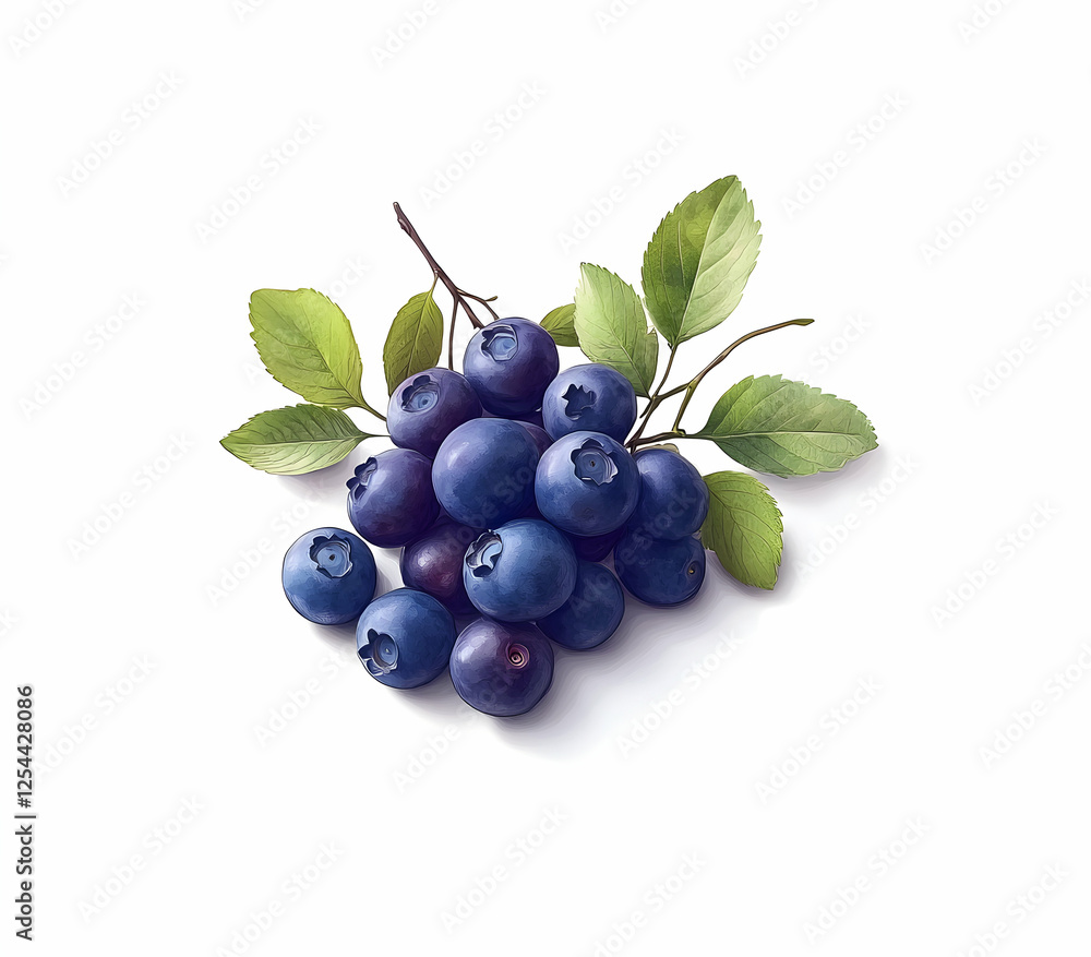 A watercolor depiction showcasing the vibrant freshness of blueberries gathered with their leaves, creating a picturesque, natural still life A watercolor depiction showcasing the vibrant freshness of blueberries gathered with their leaves, creating a picturesque, natural still life