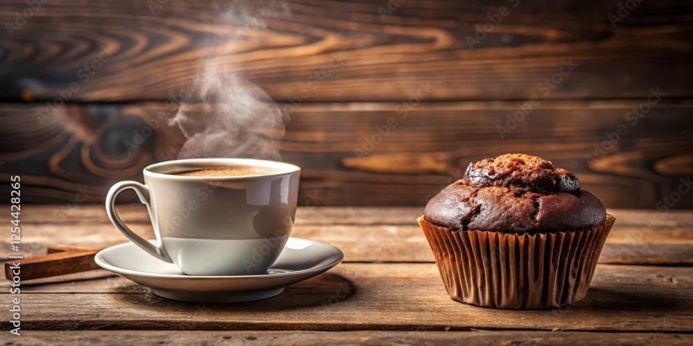 A steaming cup of coffee sits next to a warm, golden-brown chocolate muffin on a rustic wooden table , camera, dessert A steaming cup of coffee sits next to a warm, golden-brown chocolate muffin on a rustic wooden table , camera, dessert