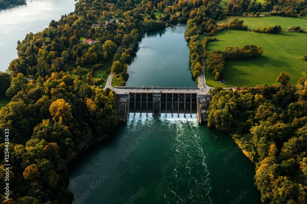 Fototapeta premium Aerial view of a dam regulating river flow amidst lush greenery and serene landscape