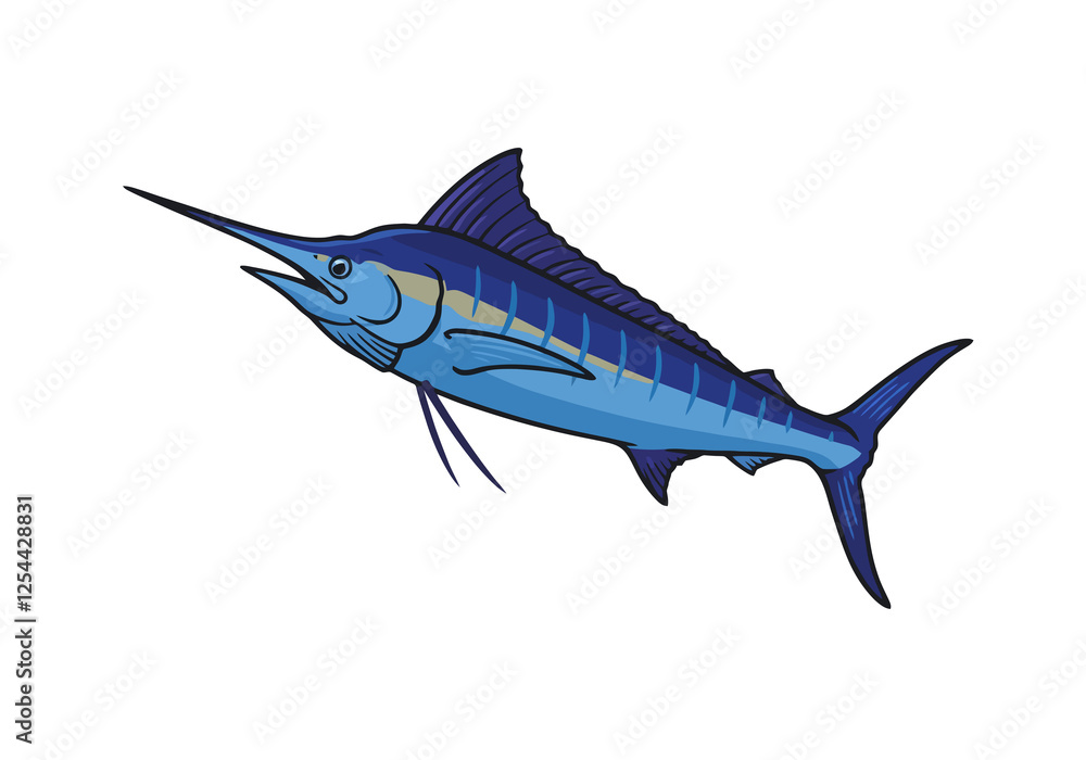 Fototapeta premium Blue marlin illustration. A detailed vector illustration of a blue marlin with vibrant blue and grey colors. Vector art design.