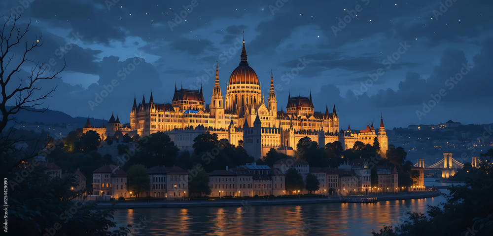 Obraz premium Illustrate the Fisherman's Bastion in Budapest at night, with its fairytale-like architecture glowing against the night sky.