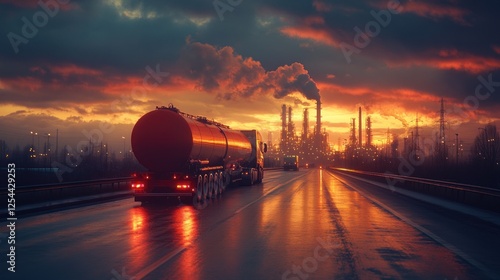 Tanker truck on highway at sunset with industrial plant in background, air pollution.