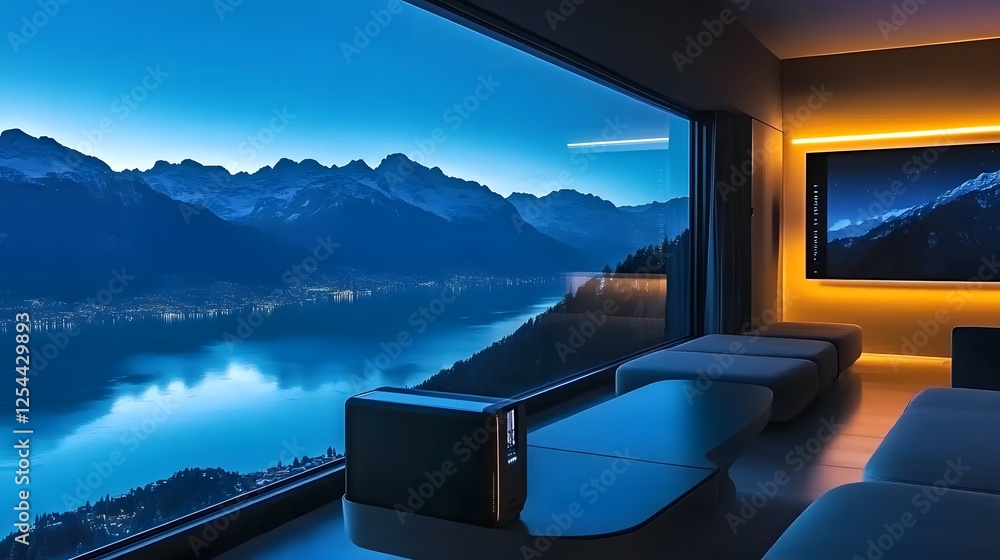 Fototapeta premium Minimalist interior of a futuristic villa with large windows overlooking mountains and a lake at dusk. The dark blue color scheme, soft lighting, and sleek furniture create a modern and sophisticated 
