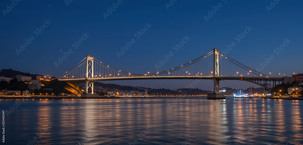 Visualize the 25 de Abril Bridge in Lisbon at night, with the bridge illuminated and reflecting in the Tagus River. Visualize the 25 de Abril Bridge in Lisbon at night, with the bridge illuminated and reflecting in the Tagus River.