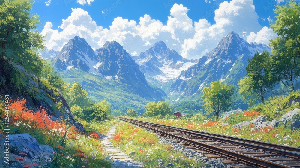 Fototapeta premium Scenic mountain landscape with vibrant flowers and railway tracks under a blue sky