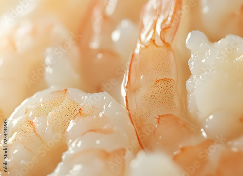 Close-up of succulent, cooked shrimp revealing a delicate pink hue and enticing textures perfect for seafood cuisine and culinary arts photo