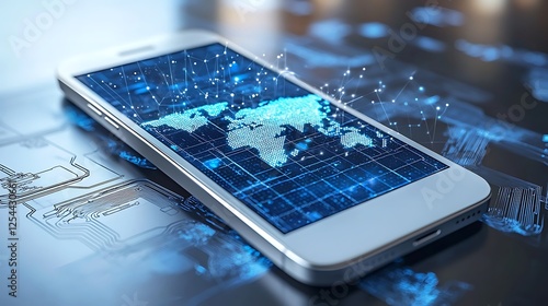 Wallpaper Mural White phone displaying a world map with digital connections on circuits background. Torontodigital.ca