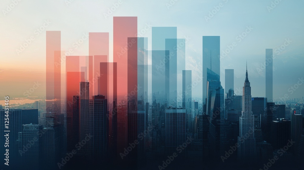 Stunning skyline with layered skyscrapers at sunrise. Stunning skyline with layered skyscrapers at sunrise.